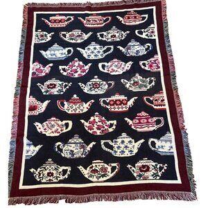 Crown Crafts Tapestry Blanket Teapot Pattern Cotton Woven 48x60" Fringe Grandma